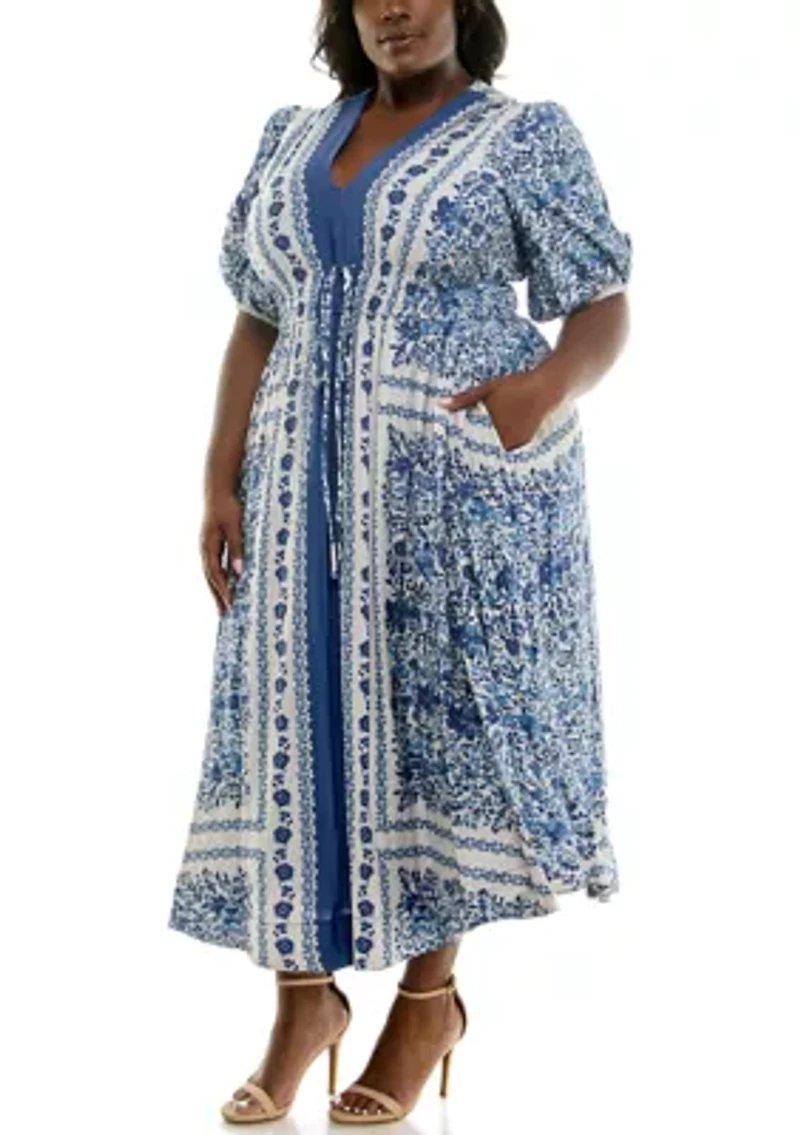 Plus Puff Sleeve V-Neck Fit and Flare Dress