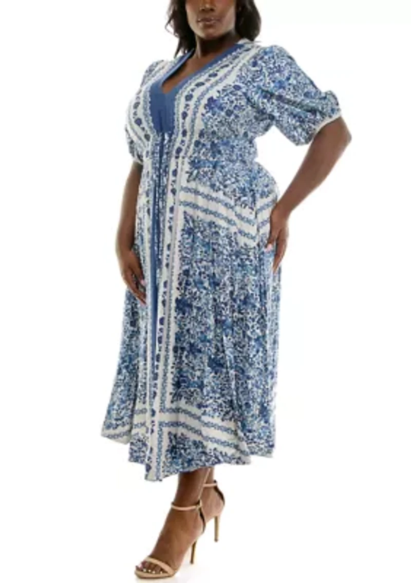 Plus Puff Sleeve V-Neck Fit and Flare Dress