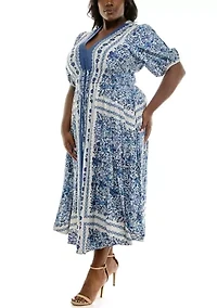 Plus Puff Sleeve V-Neck Fit and Flare Dress