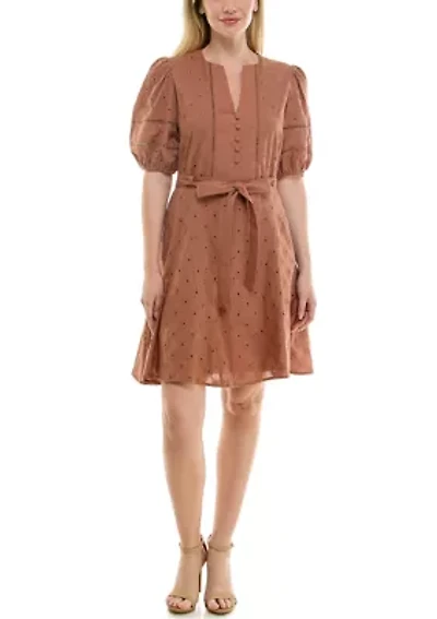 Women's Puff Sleeve Eyelet Mini Dress