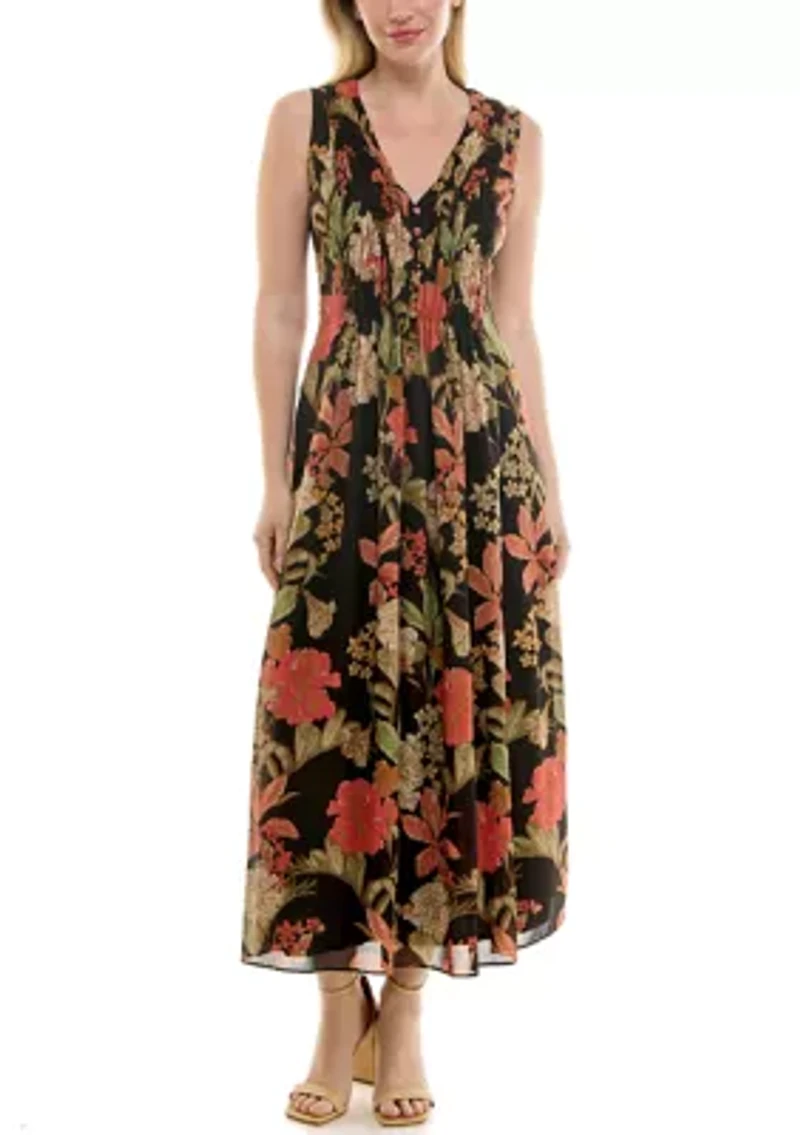 Women's Printed V-Neck Smocked Dress
