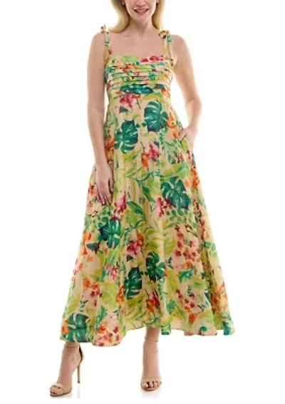 Women's Pleated Tropical Square Neck Dress