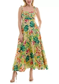 Women's Pleated Tropical Square Neck Dress
