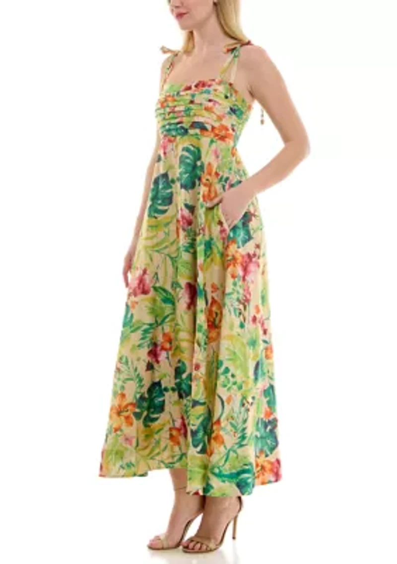 Women's Pleated Tropical Square Neck Dress