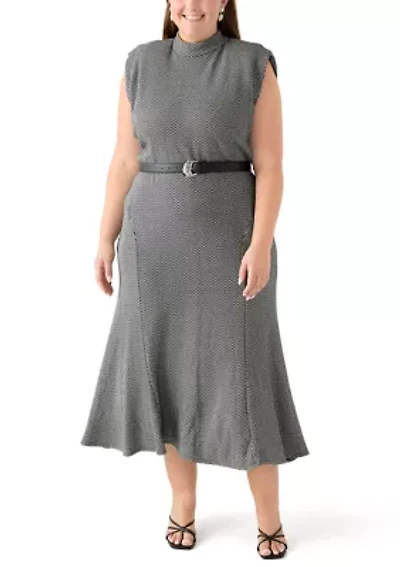 Plus Belted Mock Neck Fit & Flare Dress