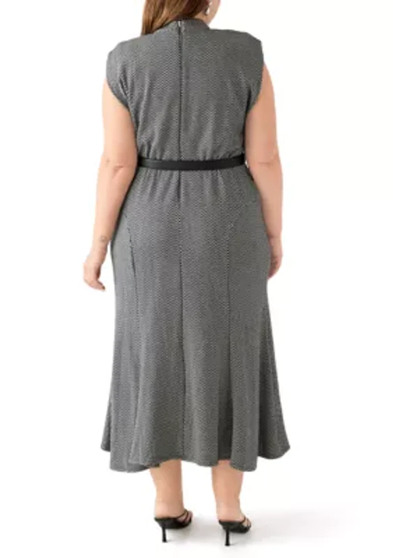 Plus Belted Mock Neck Fit & Flare Dress
