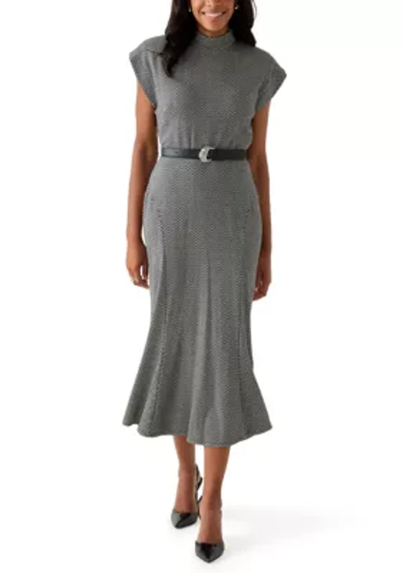 Women's Short Sleeve High Neck Knit Belted Midi Dress