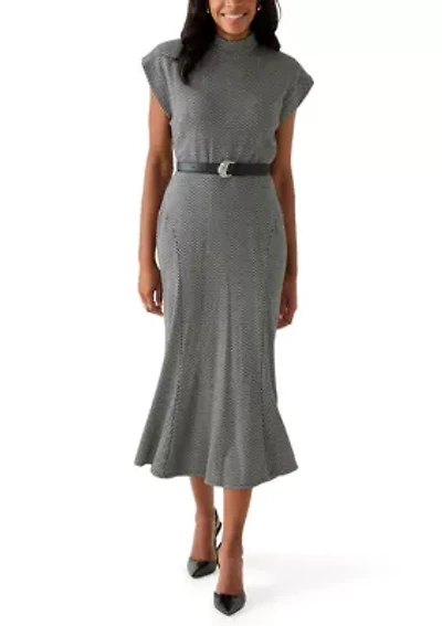 Women's Short Sleeve High Neck Knit Belted Midi Dress