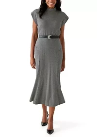 Women's Short Sleeve High Neck Knit Belted Midi Dress