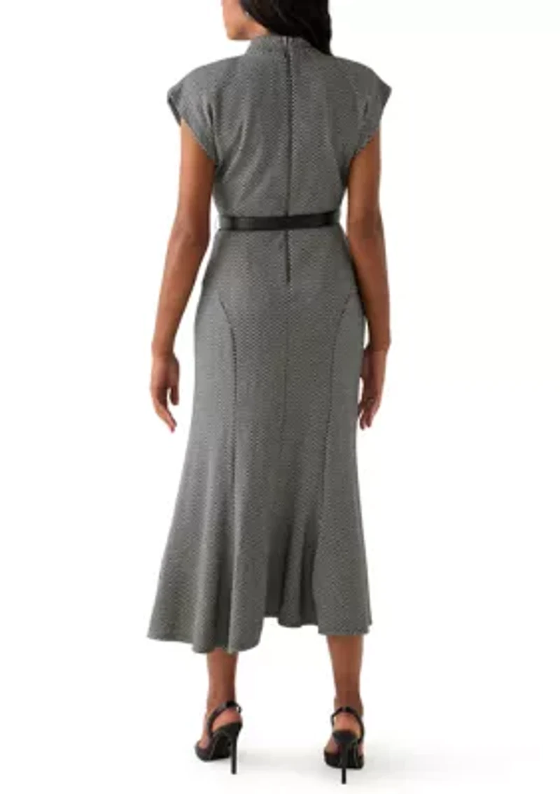 Women's Short Sleeve High Neck Knit Belted Midi Dress