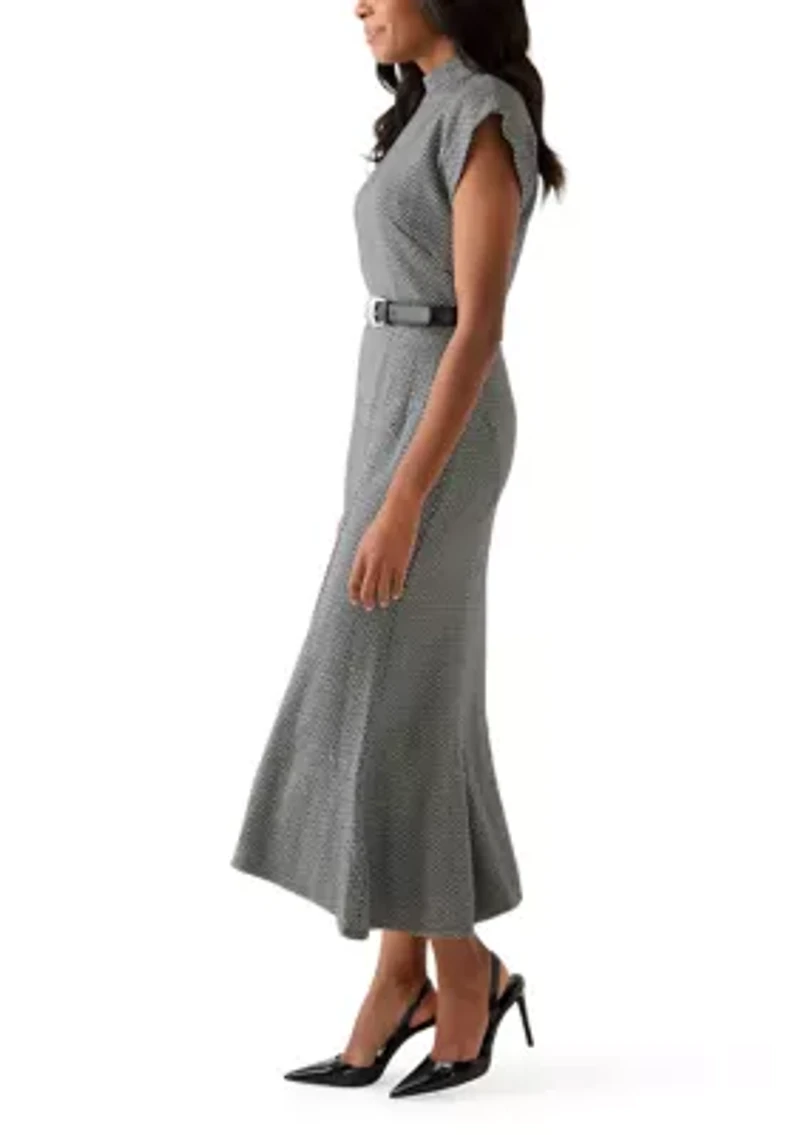 Women's Short Sleeve High Neck Knit Belted Midi Dress
