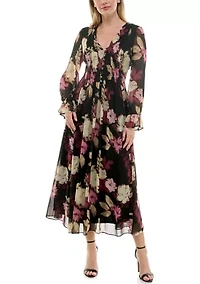Plus Long Sleeve V-Neck Chiffon Floral Print Dress