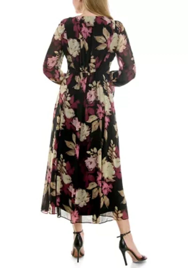 Plus Long Sleeve V-Neck Chiffon Floral Print Dress