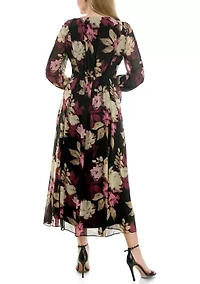 Plus Long Sleeve V-Neck Chiffon Floral Print Dress