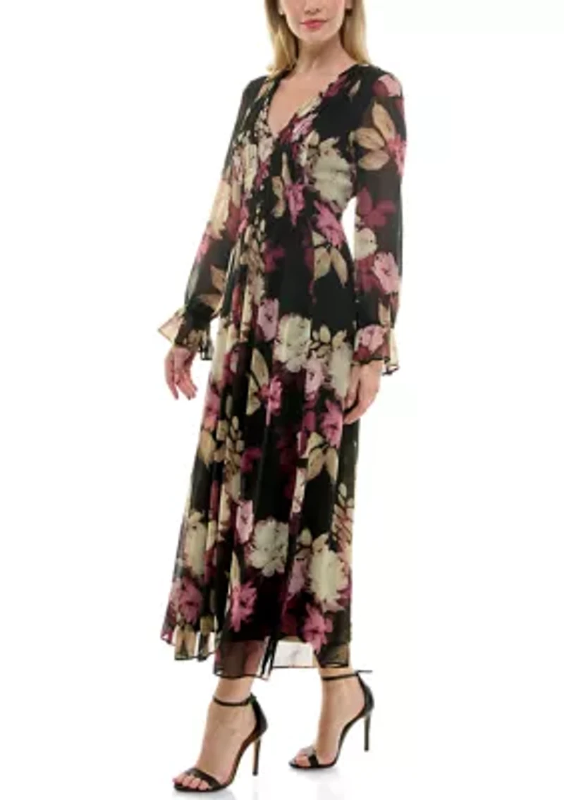 Plus Long Sleeve V-Neck Chiffon Floral Print Dress