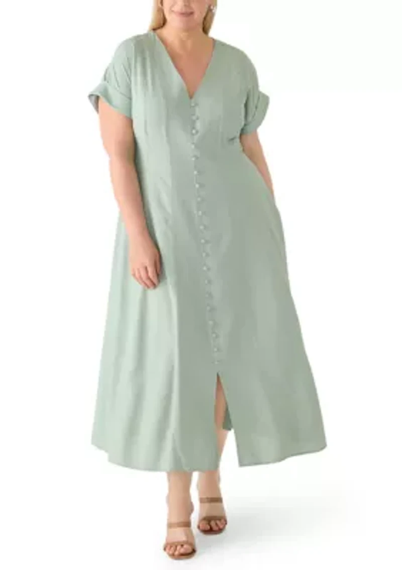 Plus Button Front A-Line Linen Dress