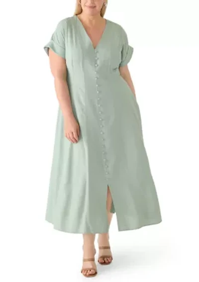 Plus Button Front A-Line Linen Dress