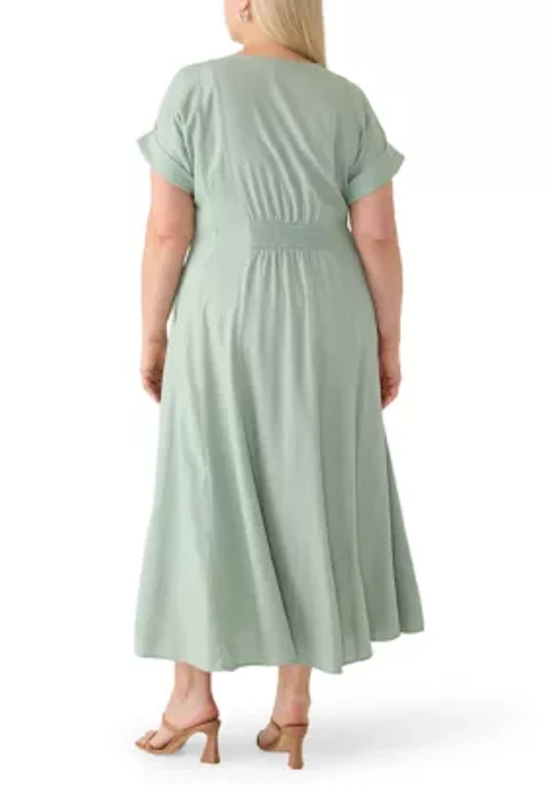 Plus Button Front A-Line Linen Dress