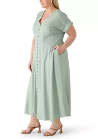 Plus Button Front A-Line Linen Dress