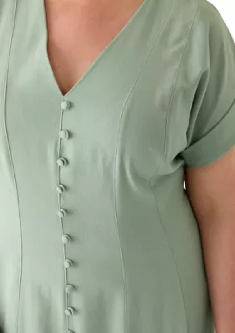 Plus Button Front A-Line Linen Dress