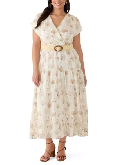 Women's Belted V Neck Embroidered Dress