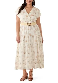 Women's Belted V Neck Embroidered Dress