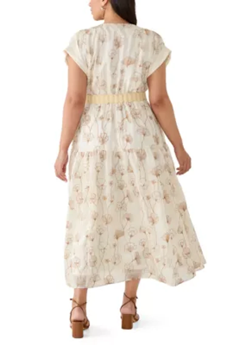 Women's Belted V Neck Embroidered Dress