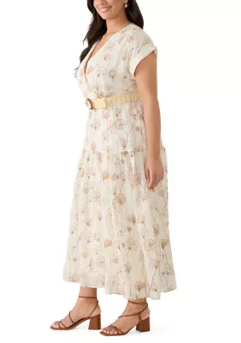 Women's Belted V Neck Embroidered Dress