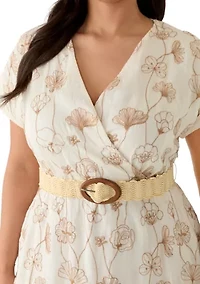 Women's Belted V Neck Embroidered Dress