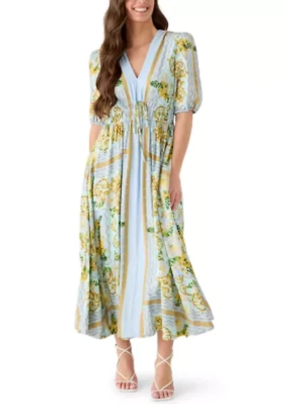 Women's Short Puff Sleeve V-Neck Floral Crepe Maxi Dress