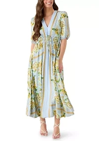 Women's Short Puff Sleeve V-Neck Floral Crepe Maxi Dress