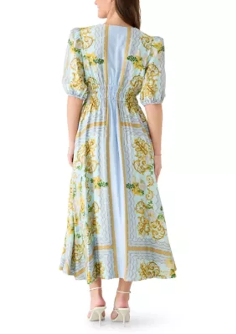 Women's Short Puff Sleeve V-Neck Floral Crepe Maxi Dress