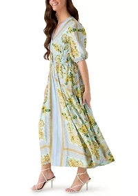 Women's Short Puff Sleeve V-Neck Floral Crepe Maxi Dress