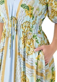 Women's Short Puff Sleeve V-Neck Floral Crepe Maxi Dress