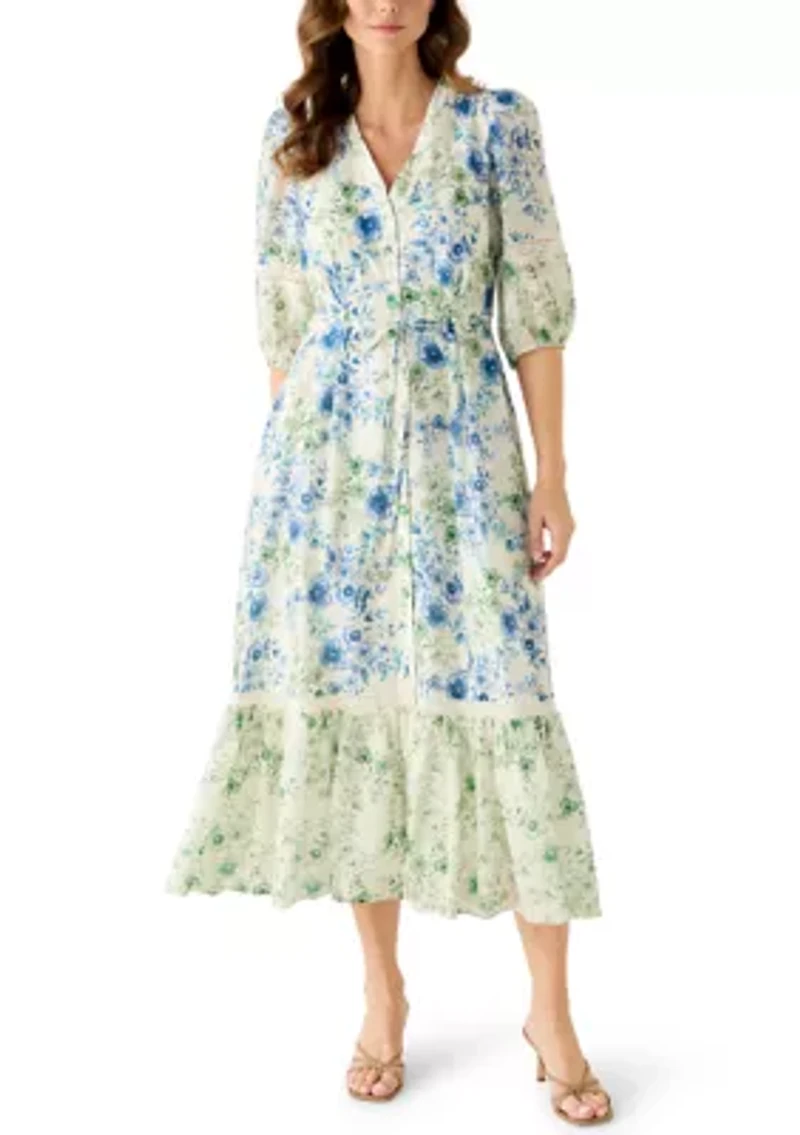 Women's V-Neck Floral Linen Midi Dress