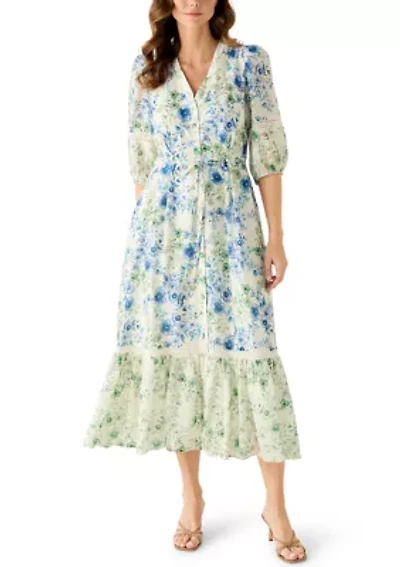 Women's V-Neck Floral Linen Midi Dress