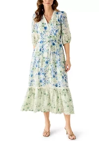 Women's V-Neck Floral Linen Midi Dress