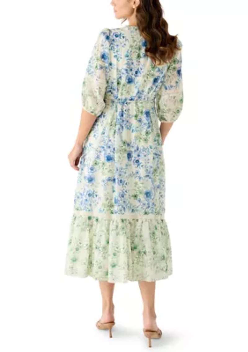 Women's V-Neck Floral Linen Midi Dress