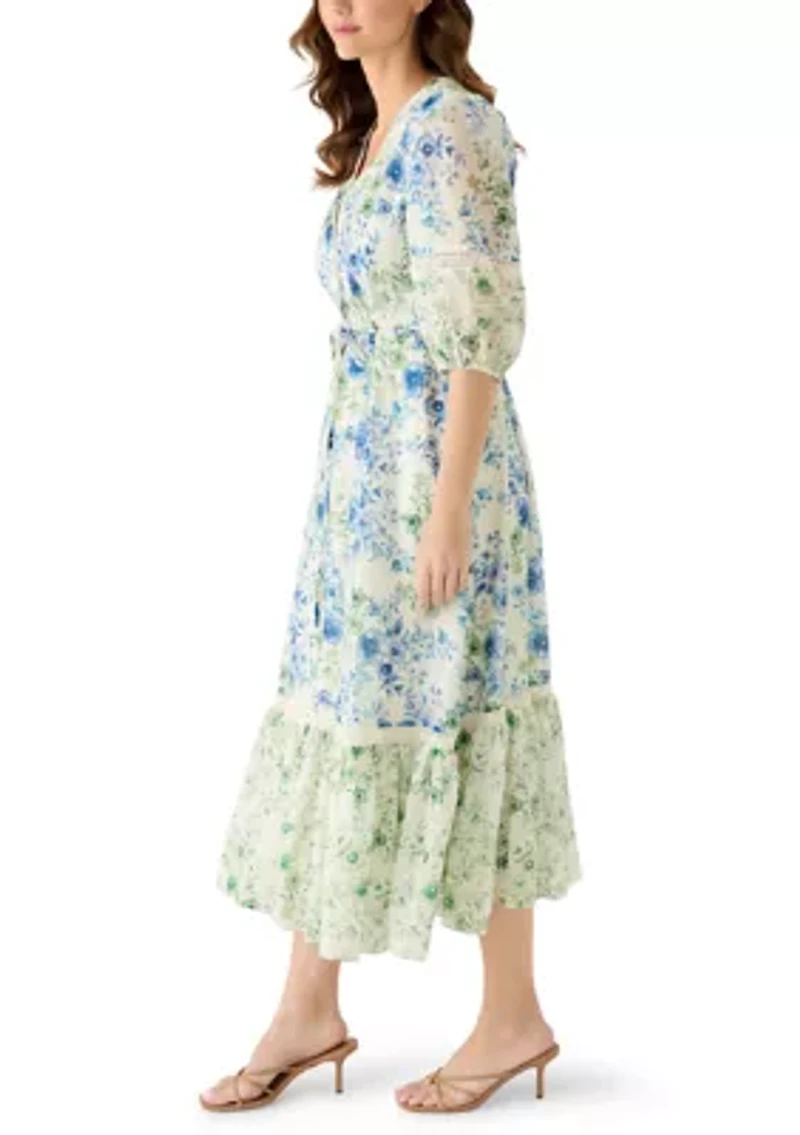 Women's V-Neck Floral Linen Midi Dress