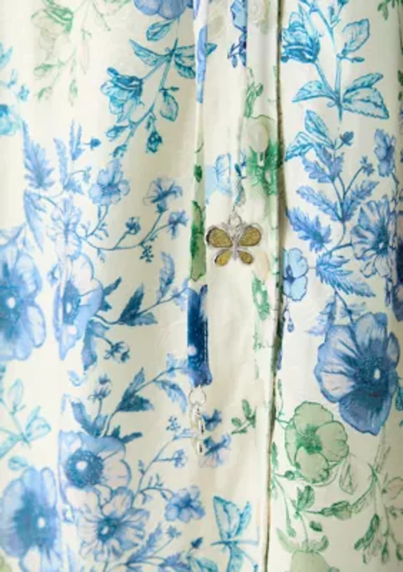 Women's V-Neck Floral Linen Midi Dress