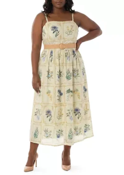 Plus Floral Belted Square Neck Dress