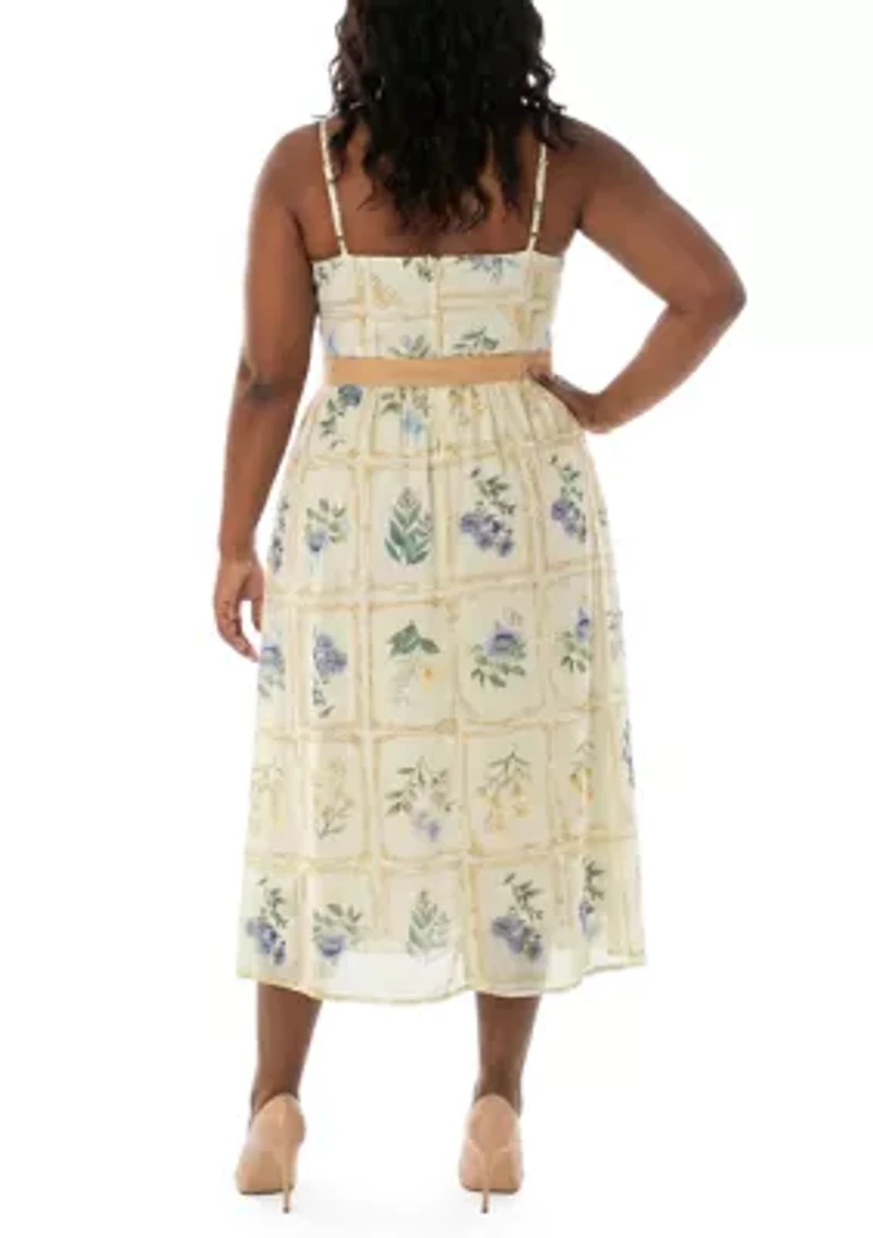 Plus Floral Belted Square Neck Dress