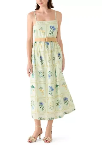 Women's Sleeveless Square Neck Belted Midi Dress