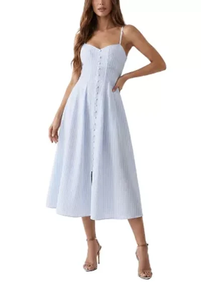Striped Button Front Linen Midi Dress