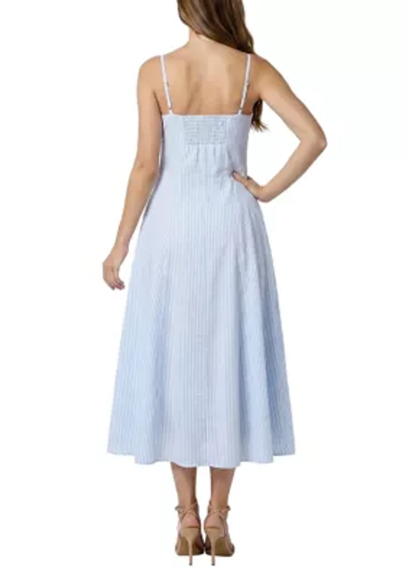 Striped Button Front Linen Midi Dress