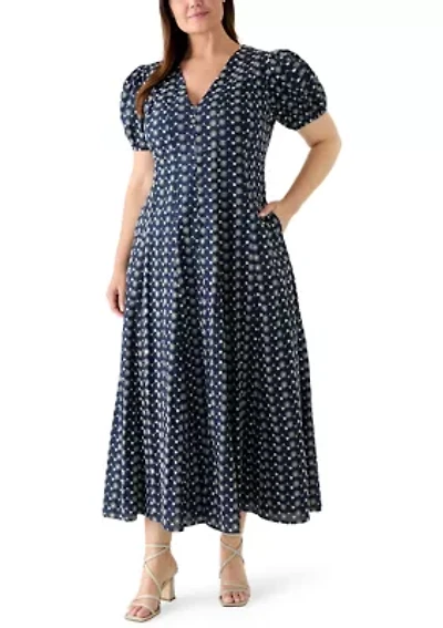 Plus Puff Sleeve Embroidered Midi Dress