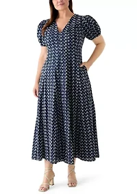 Plus Puff Sleeve Embroidered Midi Dress