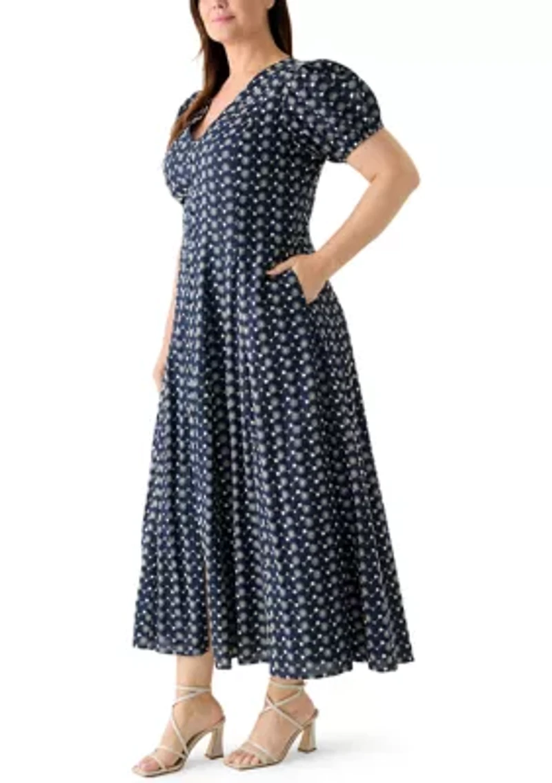 Plus Puff Sleeve Embroidered Midi Dress