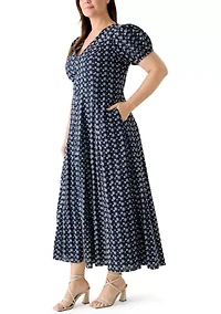 Plus Puff Sleeve Embroidered Midi Dress