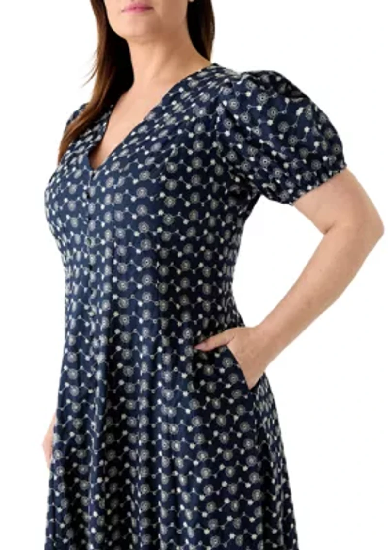 Plus Puff Sleeve Embroidered Midi Dress